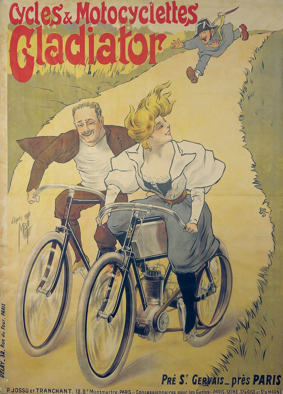 グラディエーターの自転車とオートバイのポスター広告 作： フェルディナンド・ミスティ・ミフリーズ