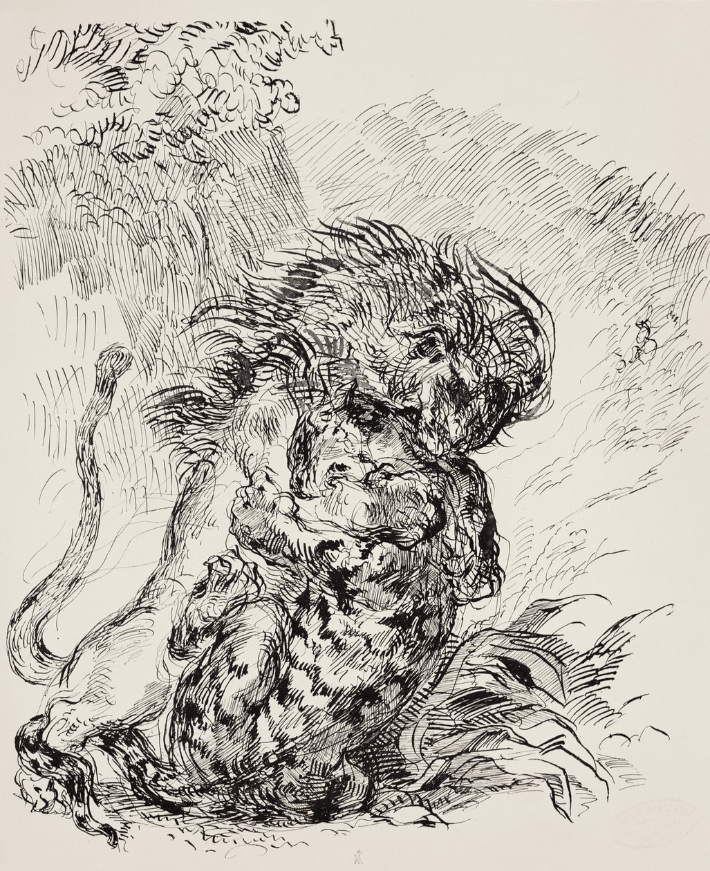 虎が猛威を振るうライオン 作： フェルディナンド・ビクター・ユージン・ドラクロワ