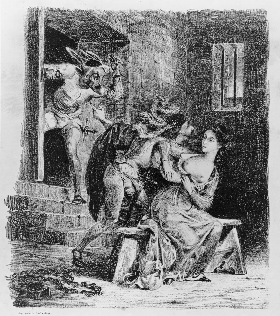 ファウストはマルグリットを刑務所から、ゲーテのファウストから、1828年に救助しました（イラスト）、（リトのbw写真） 作： フェルディナンド・ビクター・ユージン・ドラクロワ