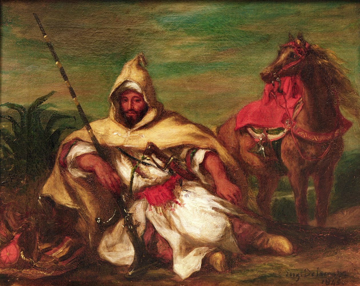 1845年、馬のそばに座っているモロッコの兵士 作： フェルディナンド・ビクター・ユージン・ドラクロワ