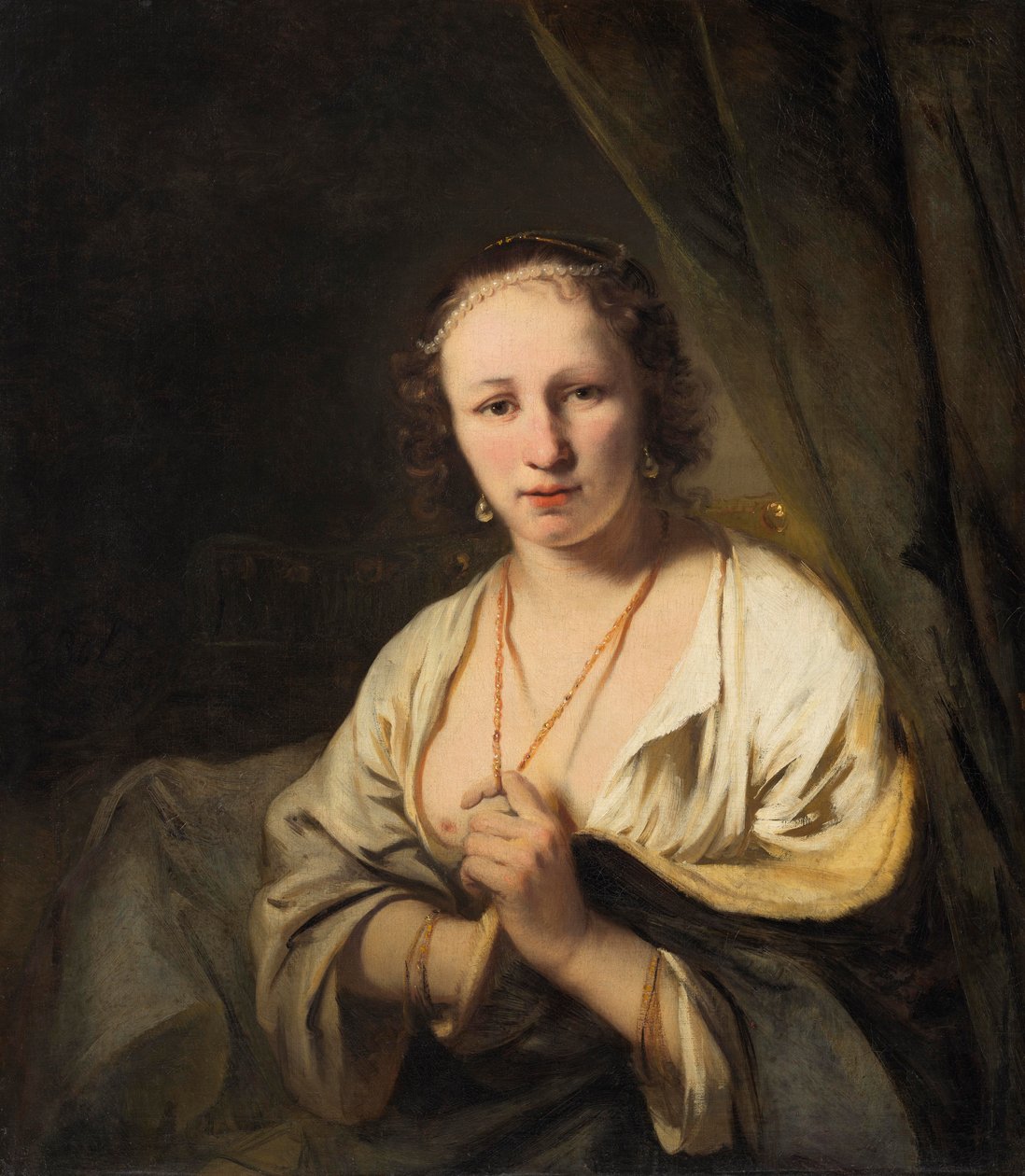 髪に真珠を持つ女性、1653年 作： フェルディナンド・ボル