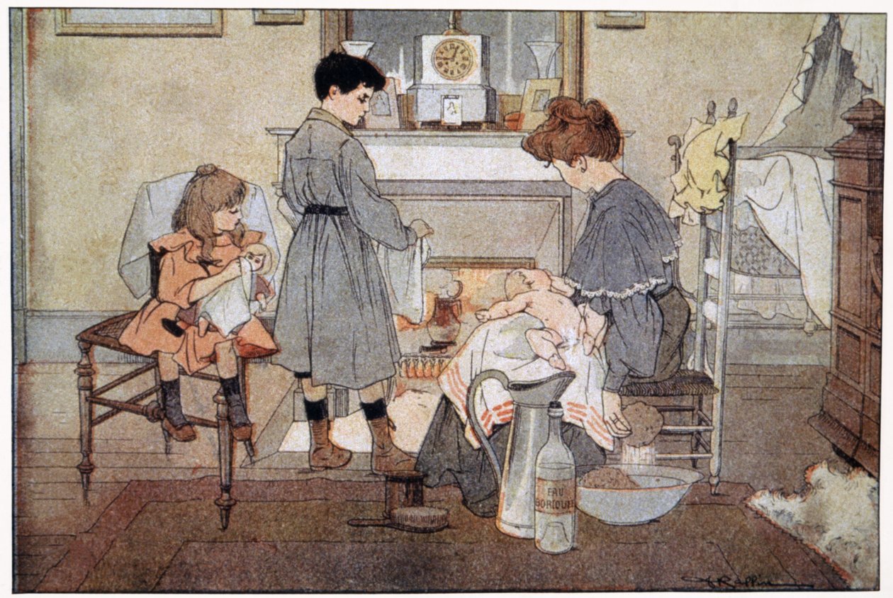 赤ちゃんのお風呂、1930年頃（版画） 作： フェルディナンド・ラフィン