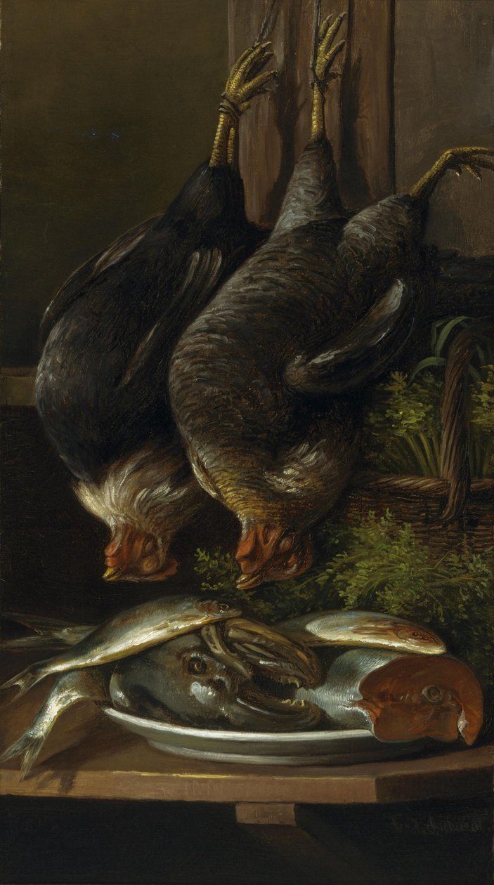 鶏と魚の静物画 作： フェルディナンド・リチャード
