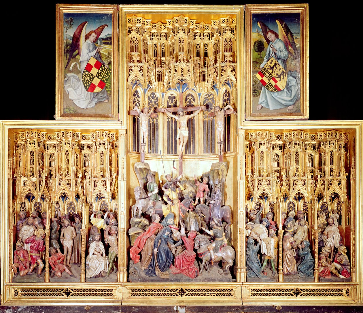 アンビエール祭壇画の中央部分、1460-66（金色と塗装のクルミ材） 作： フランドルの学校