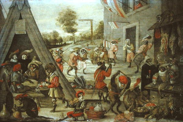 野営地の猿と猫の兵士、1632年（204409を参照） 作： フランドルの学校