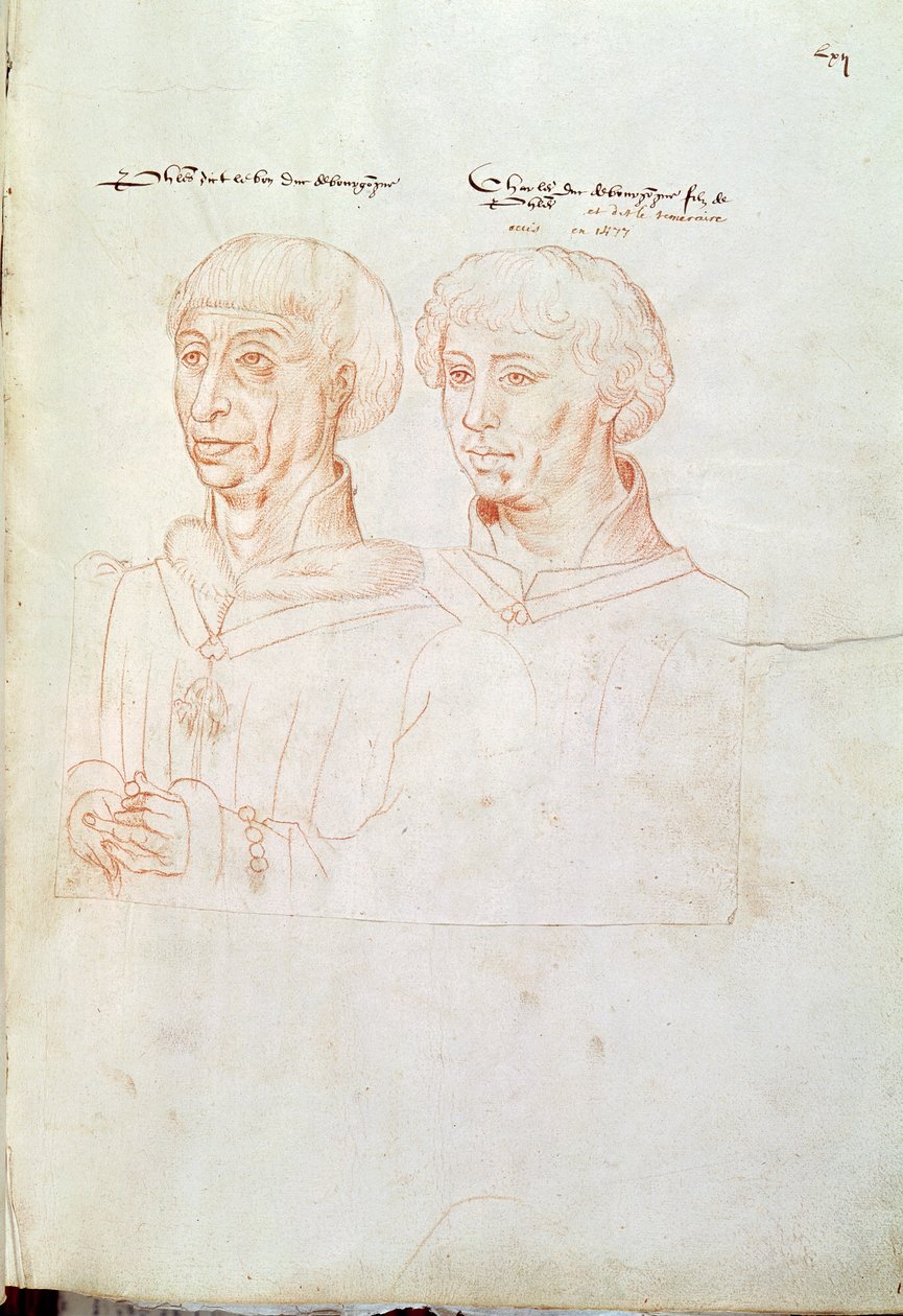 Ms 266 f.61フィリップIIIザグッド（1396-1467）ブルゴーニュ公とその息子、チャールズザボルド（1433-77）、「Recueil d&39;Arras」（紙に赤いチョーク） 作： フランドルの学校