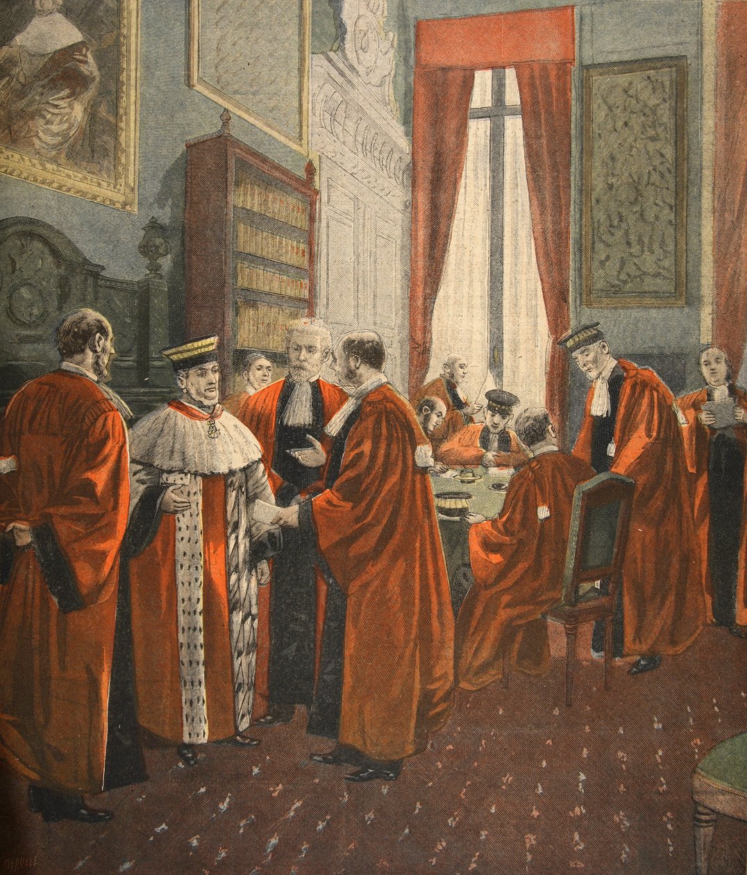 ゾラ事件中の控訴裁判所、「Le Petit Journal：Supplement illustre」からのイラスト、1898年4月17日 作： フォーチュンルイモーレ