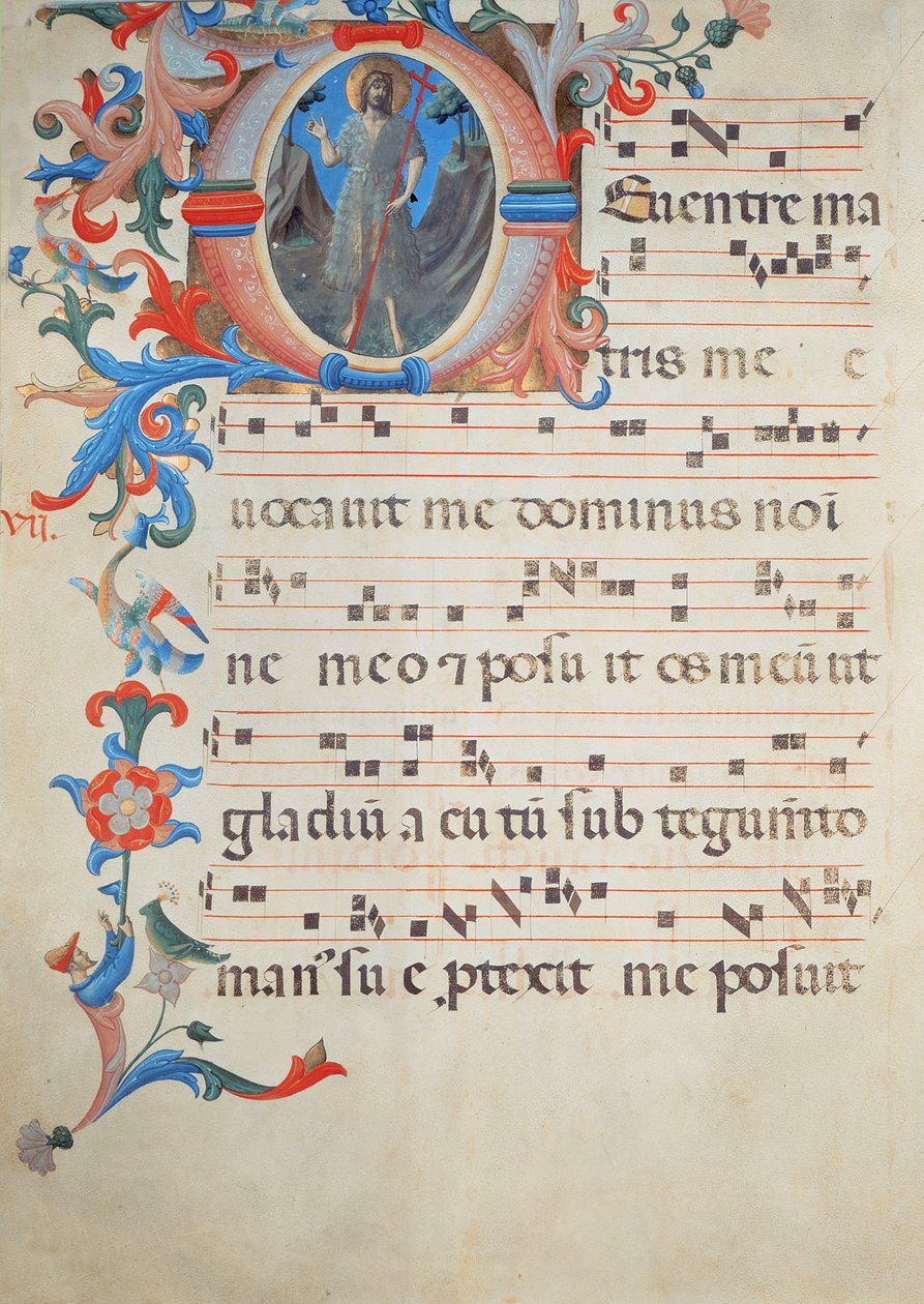 Ms 558 f.55v 1430年代初頭のミサの洗礼者ヨハネの洗礼者ヨハネを描いた歴史的な頭文字 &39;O&39;の合唱表記のページ（詳細は78834を参照） 作： フラアンジェリコ