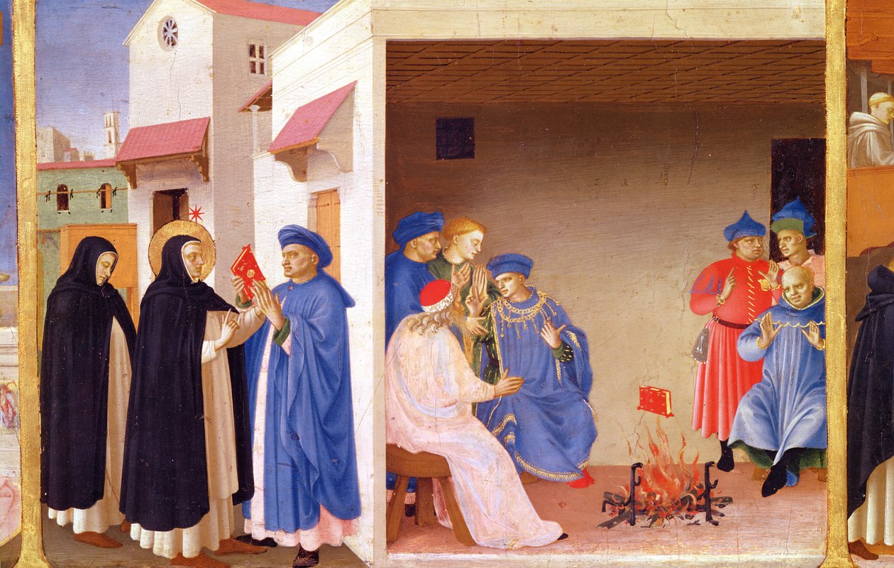聖母の戴冠式、聖ドミニクがアルビゲン人に本を返還した詳細、c.1430-32（パネル上のテンペラ） 作： フラアンジェリコ