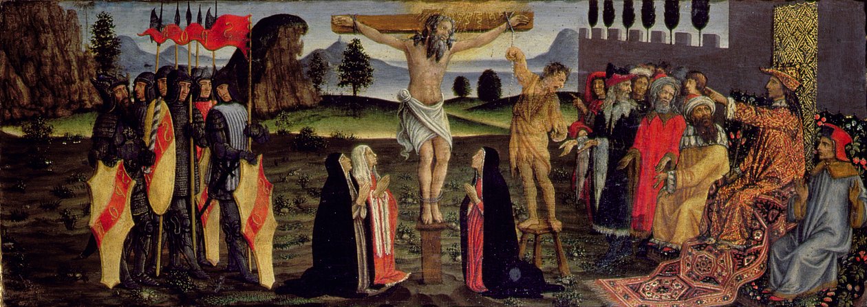 聖餐の幕屋からのはりつけ、プレデラパネル、c.1484-6（パネル上のテンペラ）（94757からの詳細） 作： フランチェスコ・ボッティチーニ