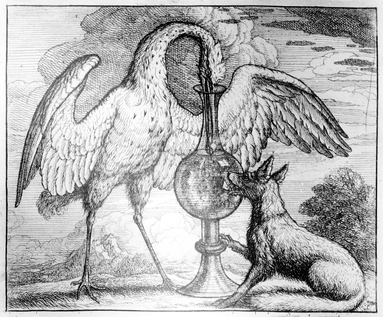 キツネとコウノトリ、「イソップの寓話」のイラスト、1666 作： フランシス・バーロウ