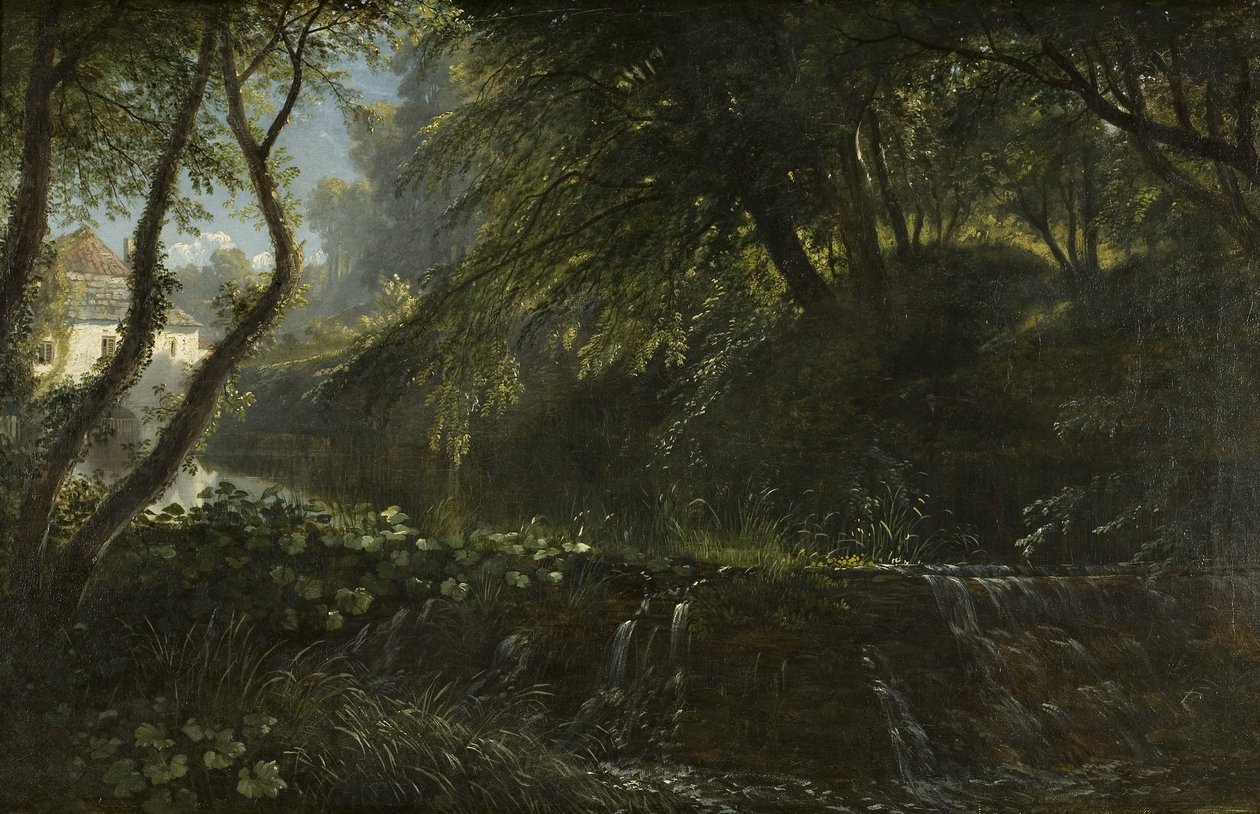 堰と製粉所のある川の風景、1823年頃 作： フランシス・ダンビー