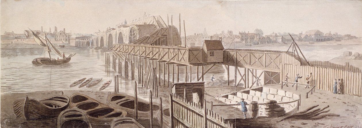 ブラックフライアーズ橋の建設、c1762 作： フランシス・グロース