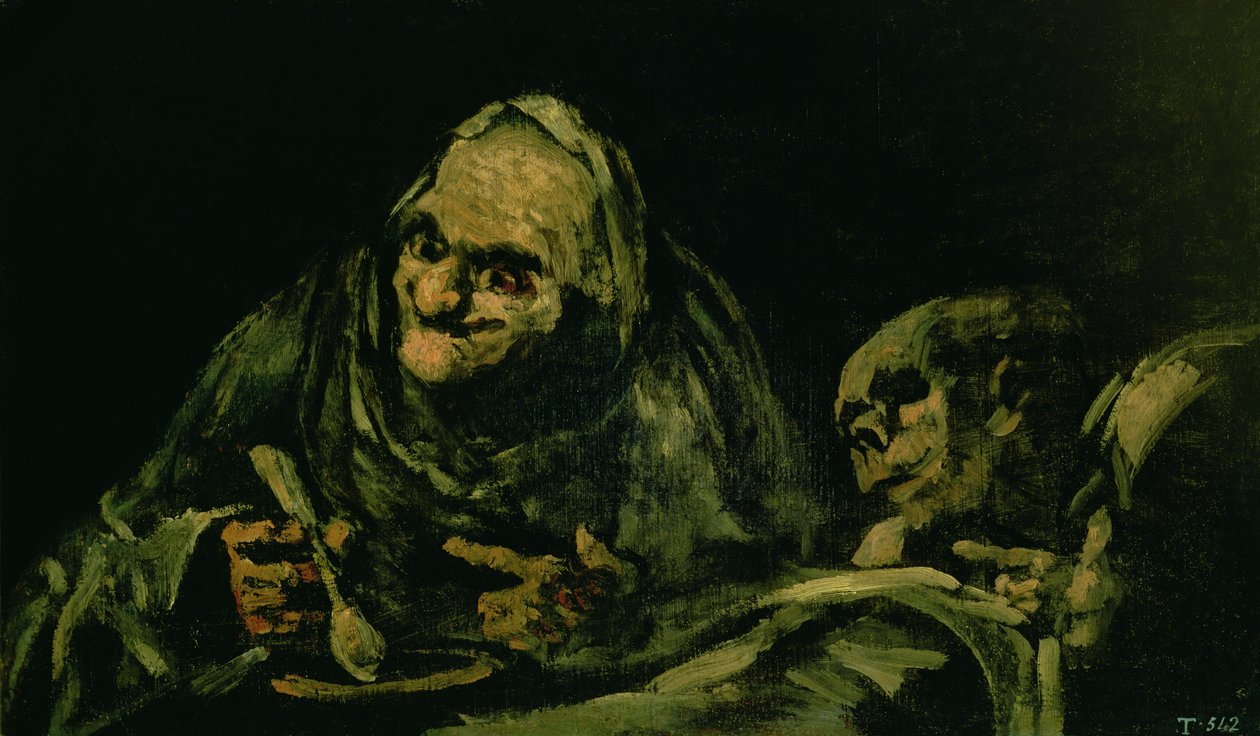 1819〜23年の「黒い絵画」の1つである2人の老人の食事 作： フランシスコ・デ・ゴヤ