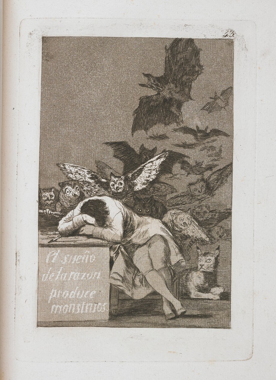 Sleep of Reasonは1797-1798年にLos Caprichosからモンスター43を生み出しました 作： フランシスコ・デ・ゴヤ