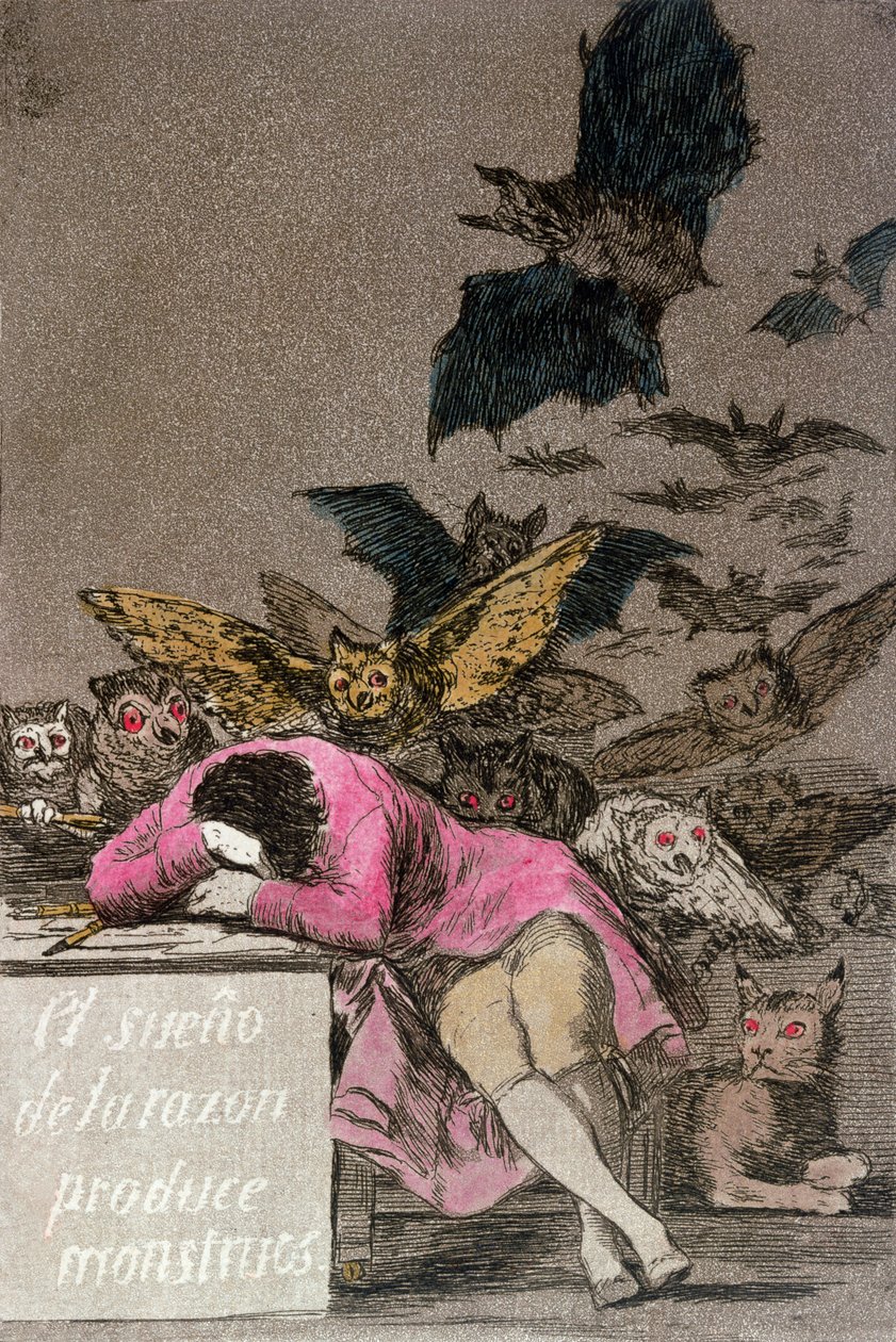 Sleep of Reason Produces Monsters、「Los Caprichos」のプレート43、c.1810（カラー彫刻）を発行 作： フランシスコ・デ・ゴヤ