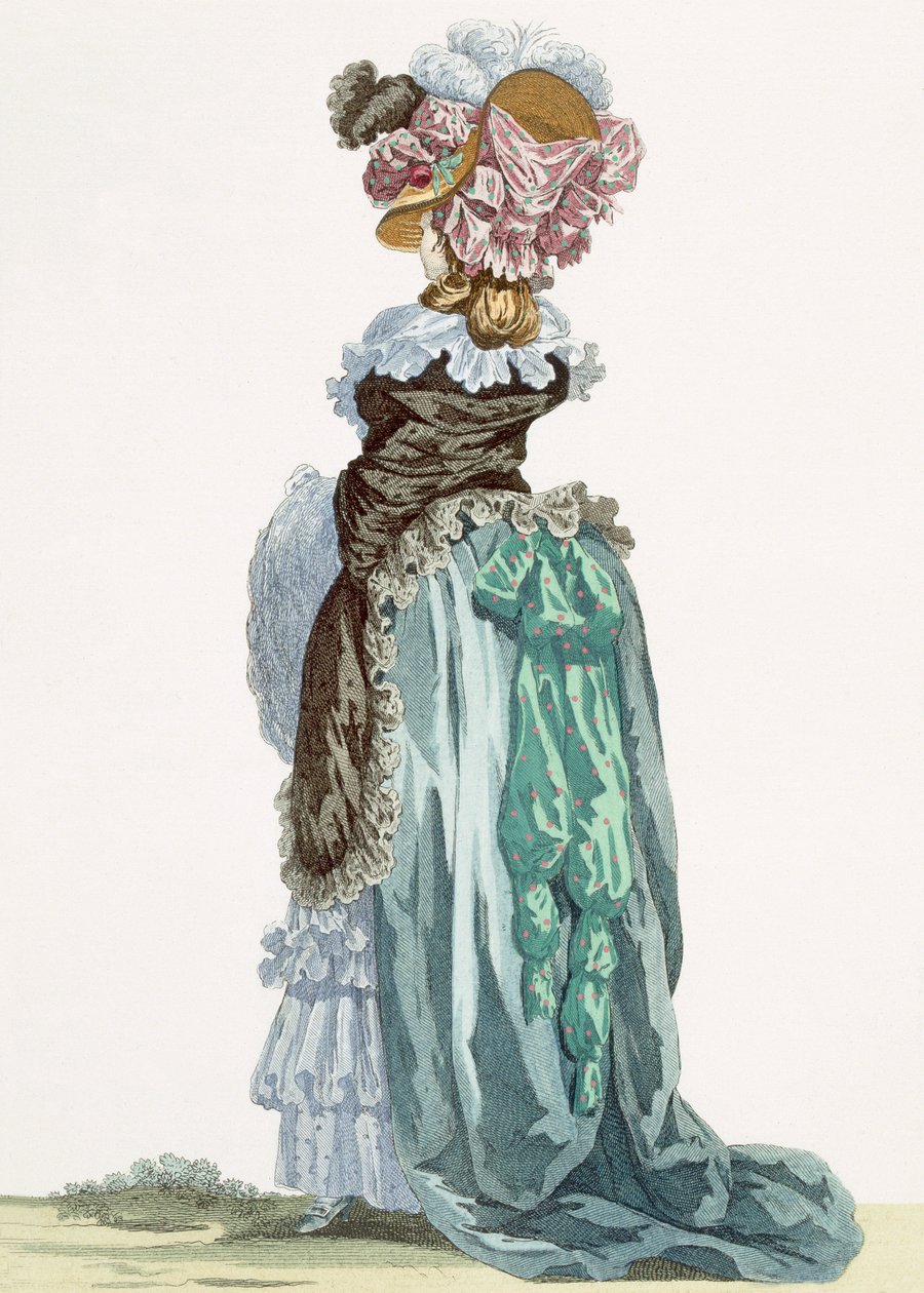 デュパンが刻印した遊歩道ガウンの背面図、「Galeries des Modes et Costumes Francais」、プレート番号224 作： フランソワ・ルイ・ジョセフ・ワトー