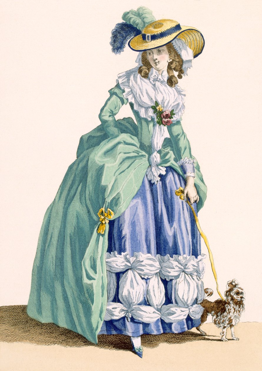 デュパンが刻印した犬の散歩をする女性、「Galeries des Modes et Costumes Francais」、プレート番号190、c.1778-87 99：衣類。伝統的なドレス;伝統的な衣装;ファッション; illus 作： フランソワ・ルイ・ジョセフ・ワトー