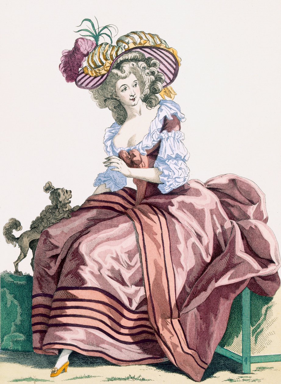 レボーの彫刻が施された、女性用のエレガントなキャラメル色のサテンドレス、「Galeries des Modes et Costumes Francais」c.1778-87のプレートno.172 作： フランソワ・ルイ・ジョセフ・ワトー