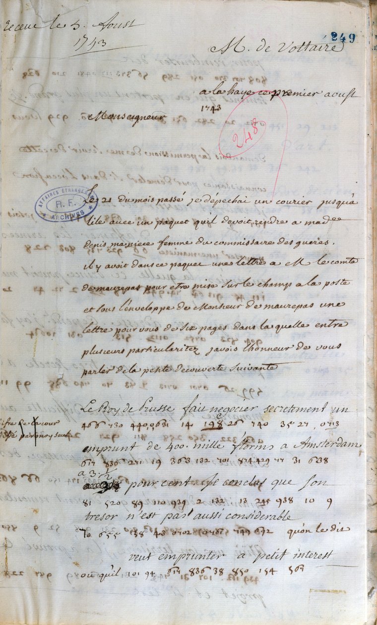 1743年8月1日、ヴォルテールがハーグで秘密捜査官として働いていたときにパリのフランス外相に宛てた手紙 作： フランソワ・マリー・アロエ・ヴォルテール