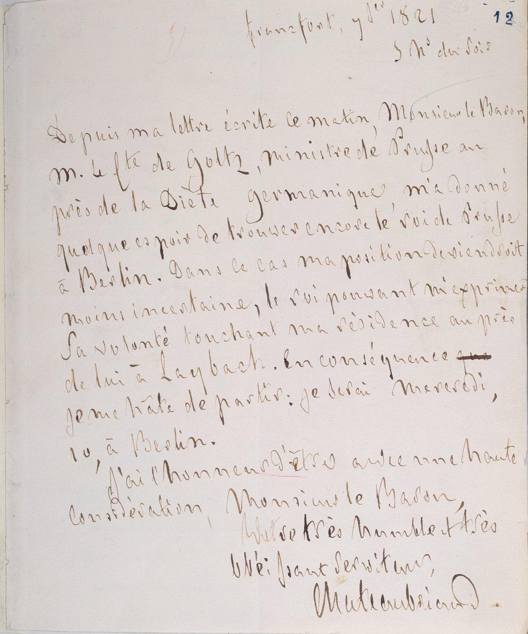1821年1月7日、ベルリンの全権大臣としてシャトーブリアンの新しいポストに向かう途中、フランクフルトで書かれた作家の署名入りの手紙 作： 