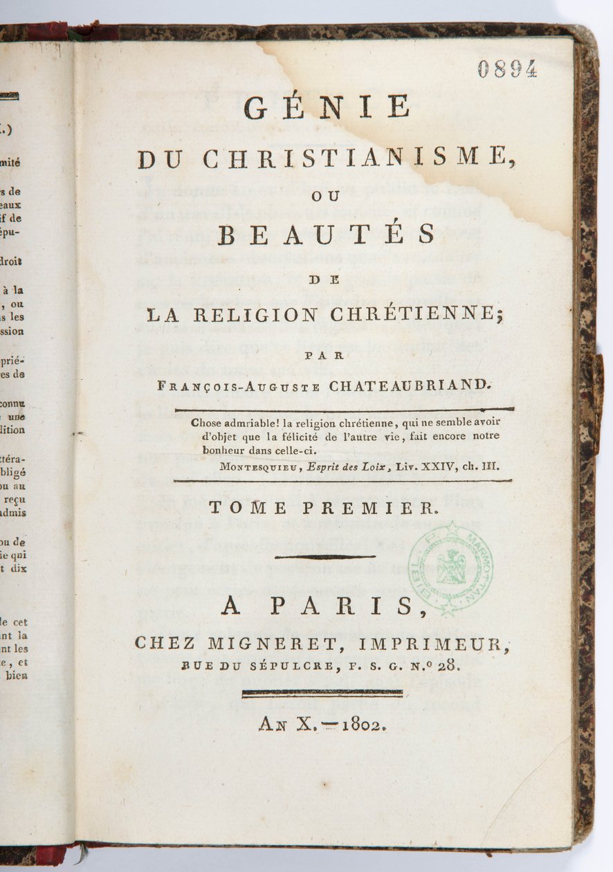 &39;Genie du Christianisme ou Beautes de la Religion Chretienne&39;のタイトルページ、第1巻、シェMigneret Imprimeur、パリ、1802（印刷紙） 作： フランソワ・ルネ・ヴィコント・ド・シャトーブリアン