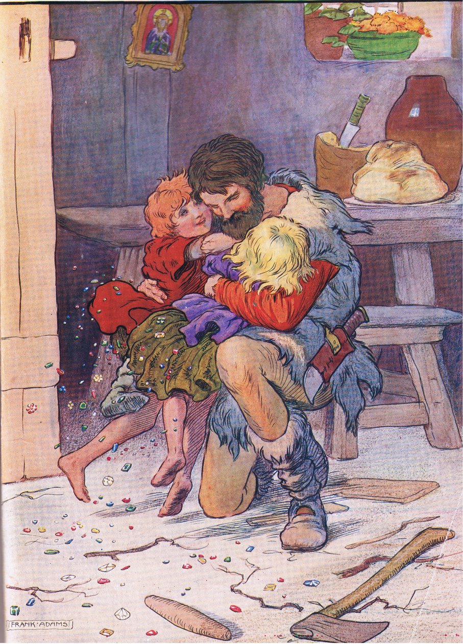 彼らはドアを破裂させ、父親の腕の中に突っ込んだ。1940年頃、Blackie＆Son Limitedによって出版されたヘンゼルとグレーテルからであった。 作： フランク・アダムス