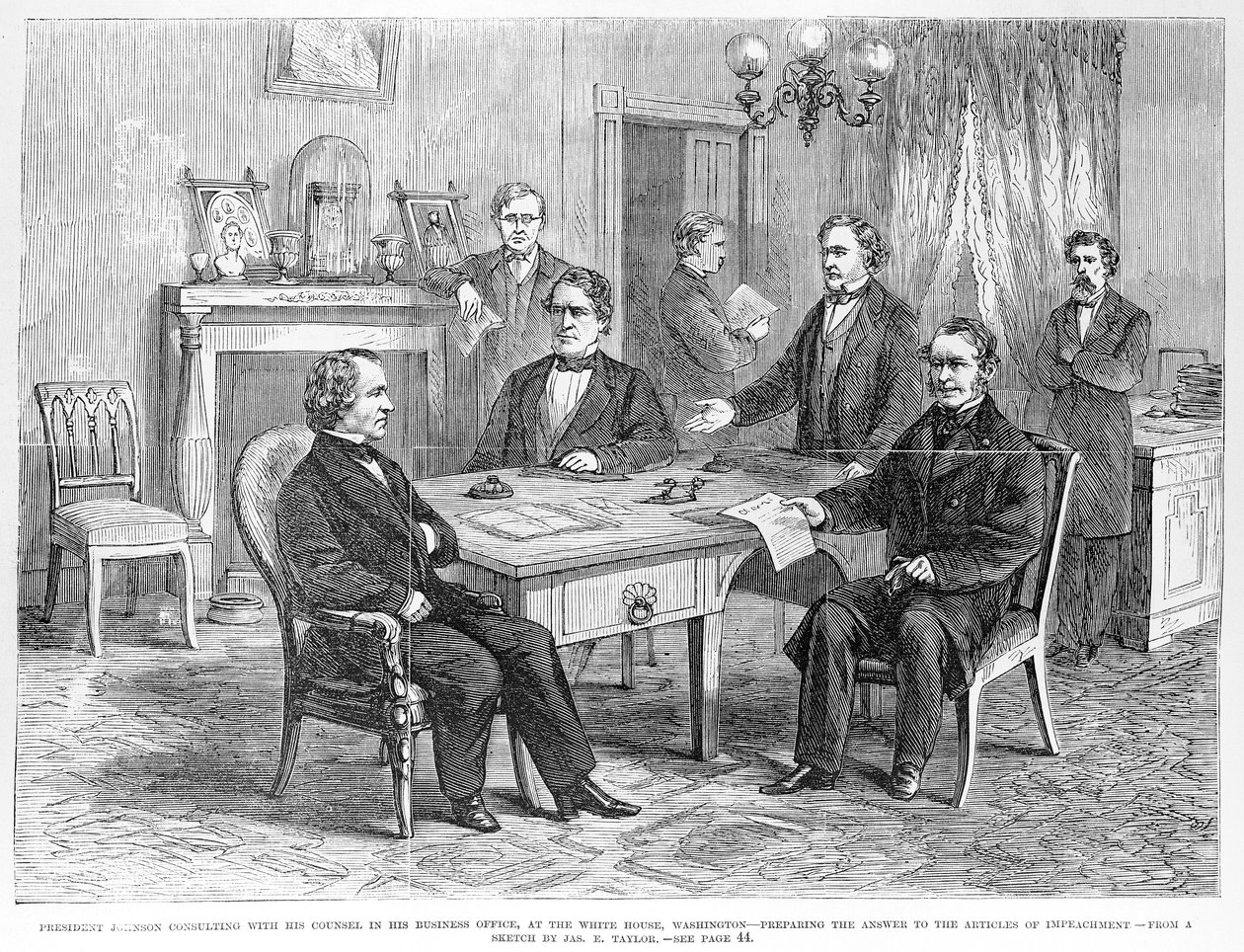ジョンソン大統領（1808-75）が1868年5月4日に発行した「フランクレスリーのイラスト入り新聞」からの弁護士との相談 作： フランク・レスリー