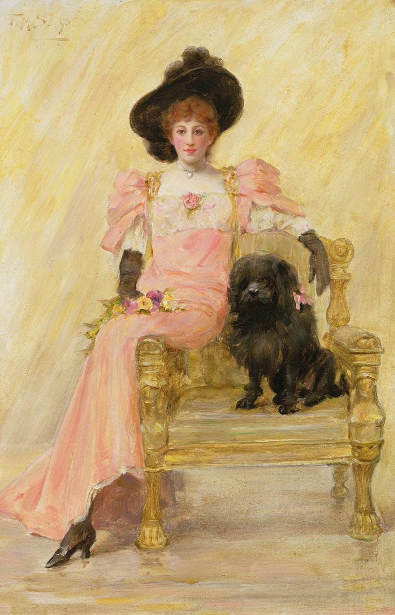 彼女の犬を持つ女性の肖像画 作： フランク・マーカム・スキップワース