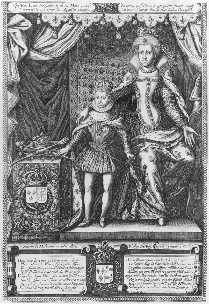 ニコラ・ド・マトニエール（fl.1600-22）1610によって彫刻された、マリー・ド・メディシス女王と子供としてのルイ13世 作： フランソワ・ケスネル