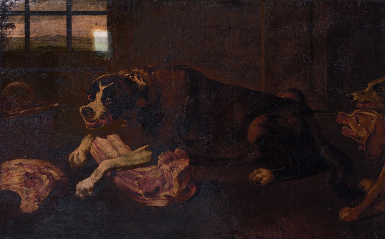肉の関節をかじる犬 作： FransSnydersまたはSnijders