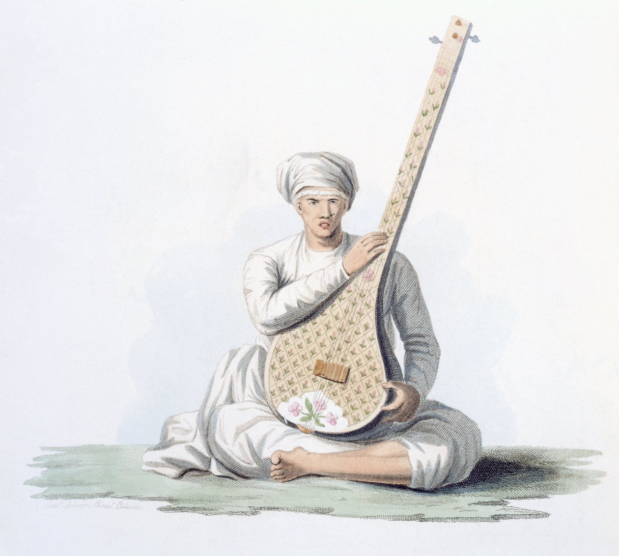 E. Ormeの「Costumes of India」（1804年）（カラーエッチング）の高級カーストが演奏するタンボラ 作： フランツ・バルタザール・ソルビンズ