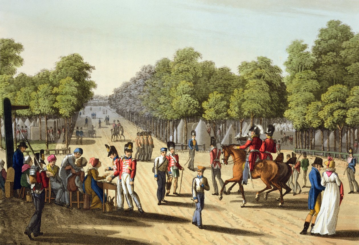 1815年、ブローニュの森にあるイギリス軍の野営地。パブの「歴史的、軍事的、海軍の逸話」からマシュードゥブール（fl.1813-20）によって彫刻されました。エドワード・オーム（1774-c.1820）1817（アクアチント） 作： フランツ・ジョセフ・マンスキルヒ