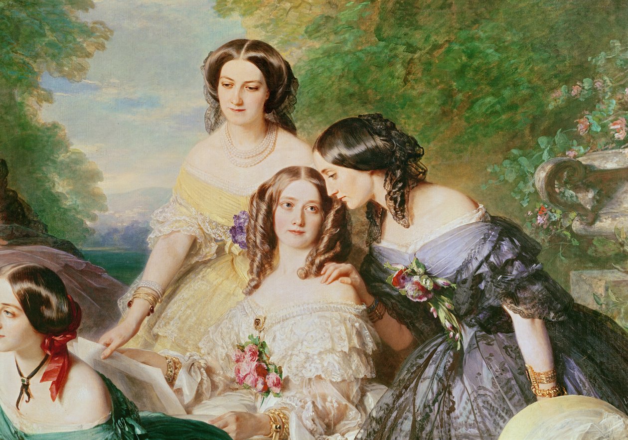皇后ウジェニー1826-1920と彼女の待機中の女性、バロンヌデマラレの詳細、ナタリードセギュールの黄色いドレス、マルキスドラスマリスマスの白いドレス＆マルキスドラトゥールモブールとマルク 作： フランツ・ザビエル・ウィンターハルター
