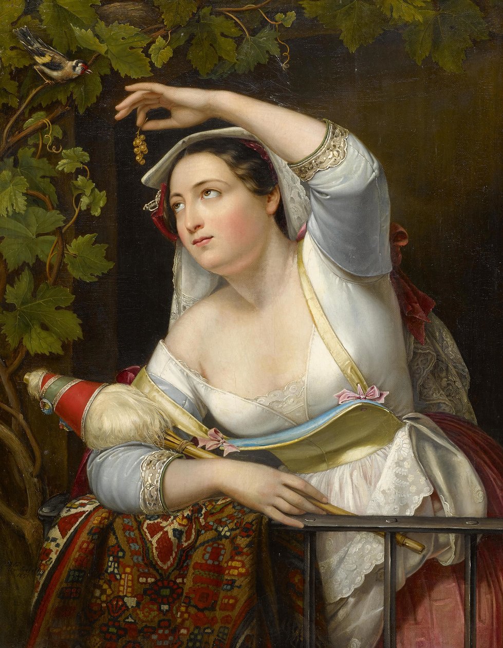 1851年、つるのあずまやの若い女性の肖像画 作： フランツ・ザビエル・ウィンターハルター