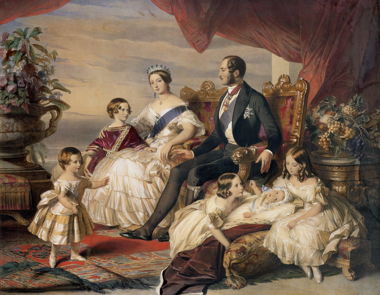 ビクトリア女王（1819-1901）とアルバート王子（1819-61）、5人の子供、1846年（カラー彫刻） 作： フランツ・ザビエル・ウィンターハルター