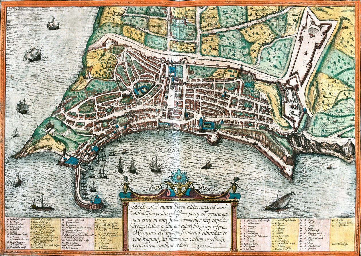 イタリア、アンコーナ（Ancona）の平面図（銅版画 作： フランツ・ホーゲンベルク
