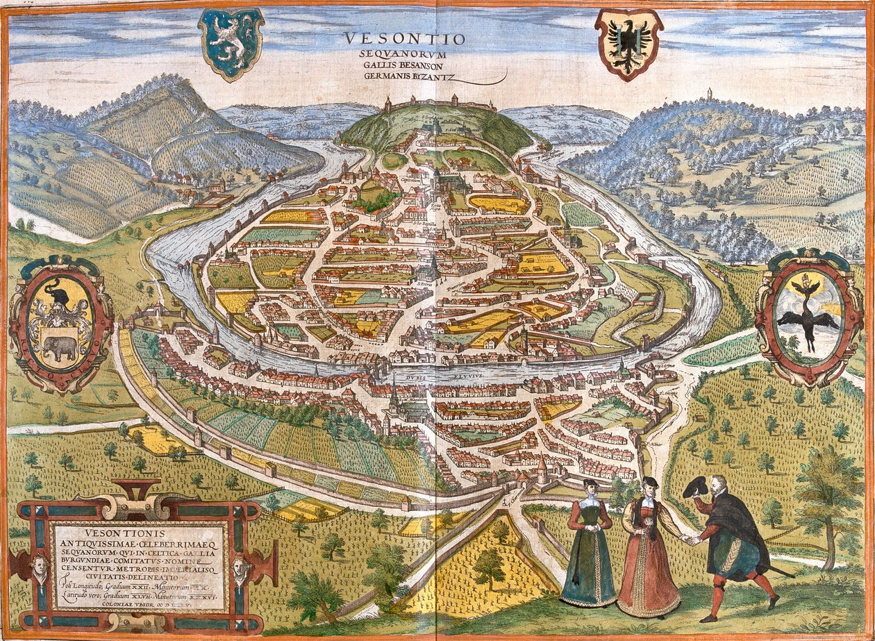 フランス、ブザンソン（ヴェソンティオ）の平面図（銅版画 作： フランツ・ホーゲンベルク