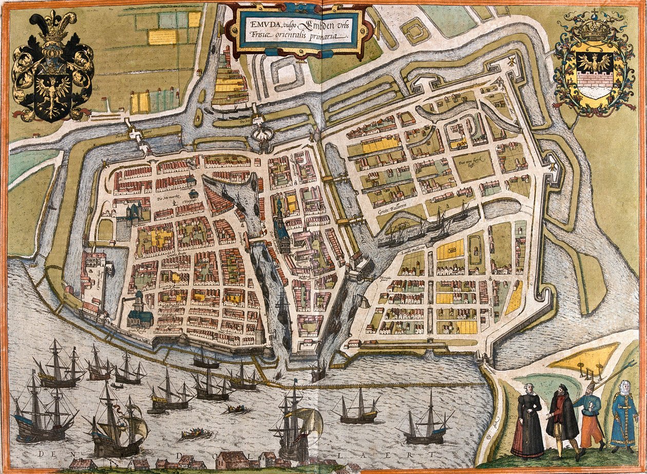ドイツ、エムデン（エムダ）の平面図（銅版画 作： フランツ・ホーゲンベルク