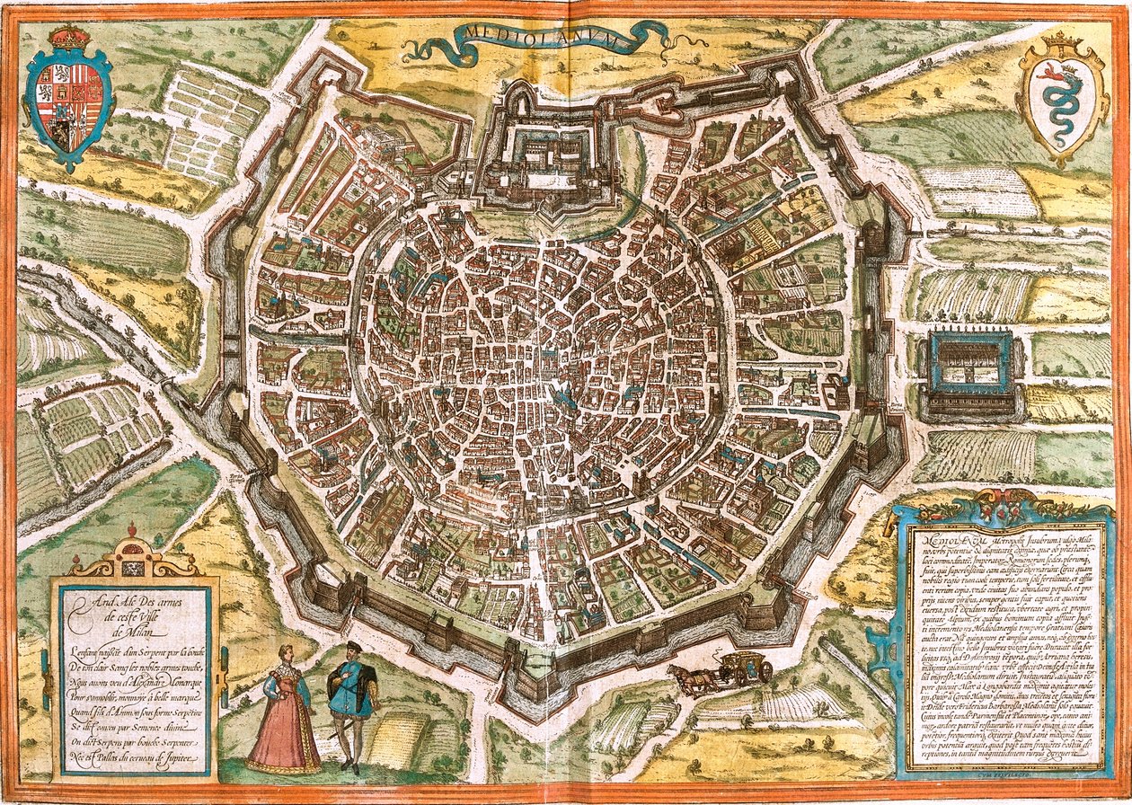 イタリア・ミラノ（メディオラヌム）の平面図（銅版画 作： フランツ・ホーゲンベルク
