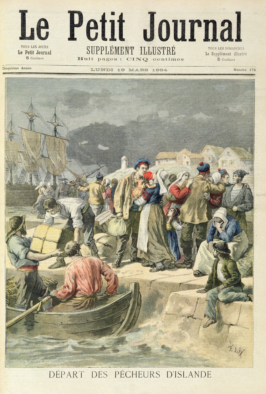 アイスランドの漁師の出発、1894年3月19日の「Le Petit Journal」からのイラスト 作： フレデリック・セオドア・リックス