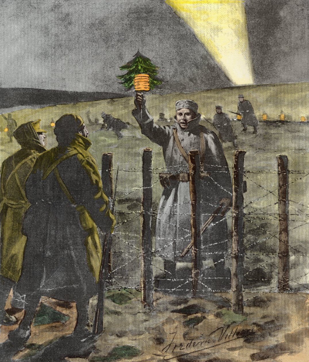 1914年のクリスマスの休戦、1915年に公開（後の着色） 作： フレデリック・ヴィリヤーズ