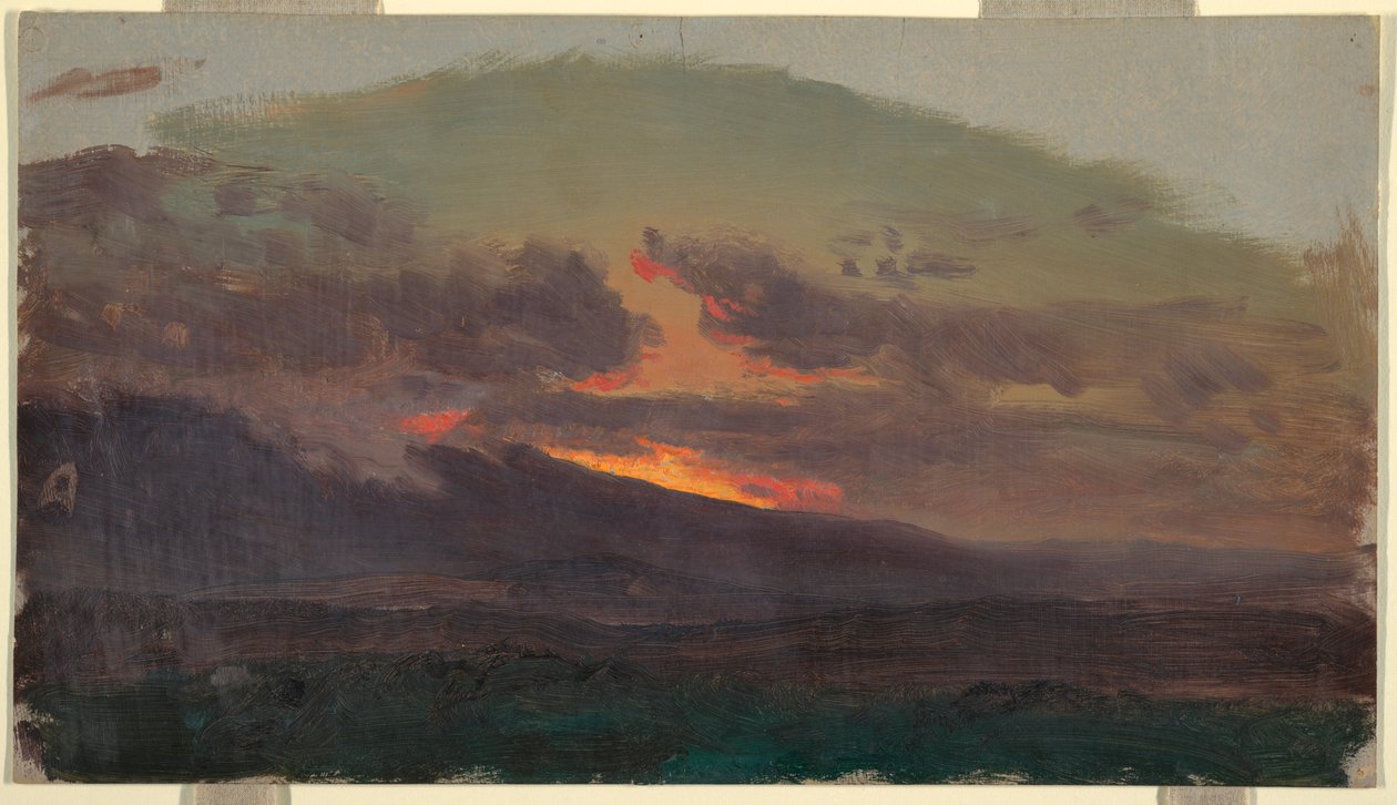 デッサン、キャッツキル山脈の向こうに沈む夕日、1870-80年 作： フレデリックエドウィン教会