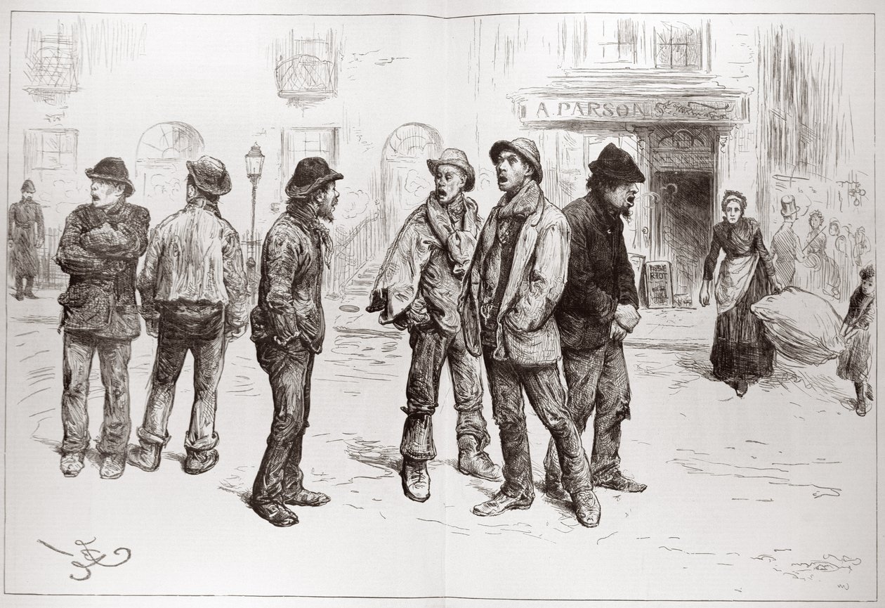 ロンドンの失業者：「イラストレイテッド・ロンドン・ニュース」（1886年2月20日）の「私たちは何もする必要がない」 作： フレデリック・バーナード