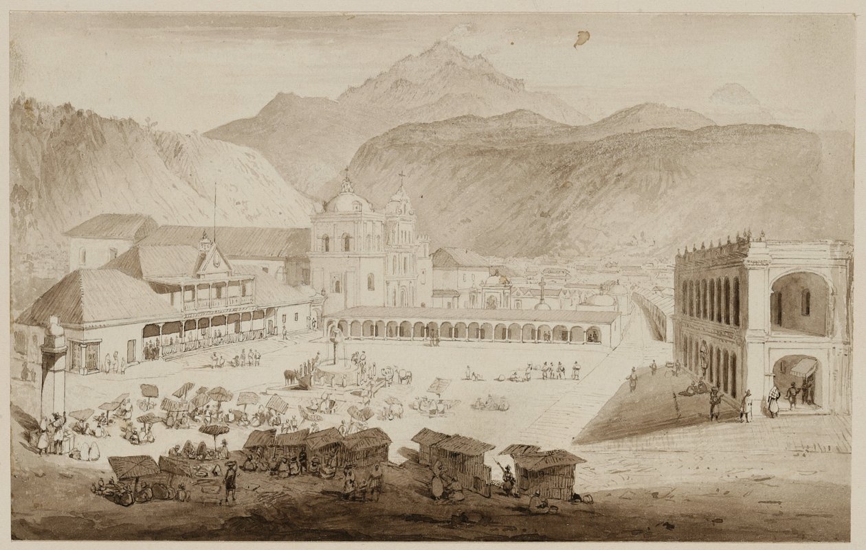 中央アメリカ、ケサルテナンゴ市、1840年（ペンとインク、クリーム色の紙にウォッシュ） 作： フレデリック・キャザーウッド