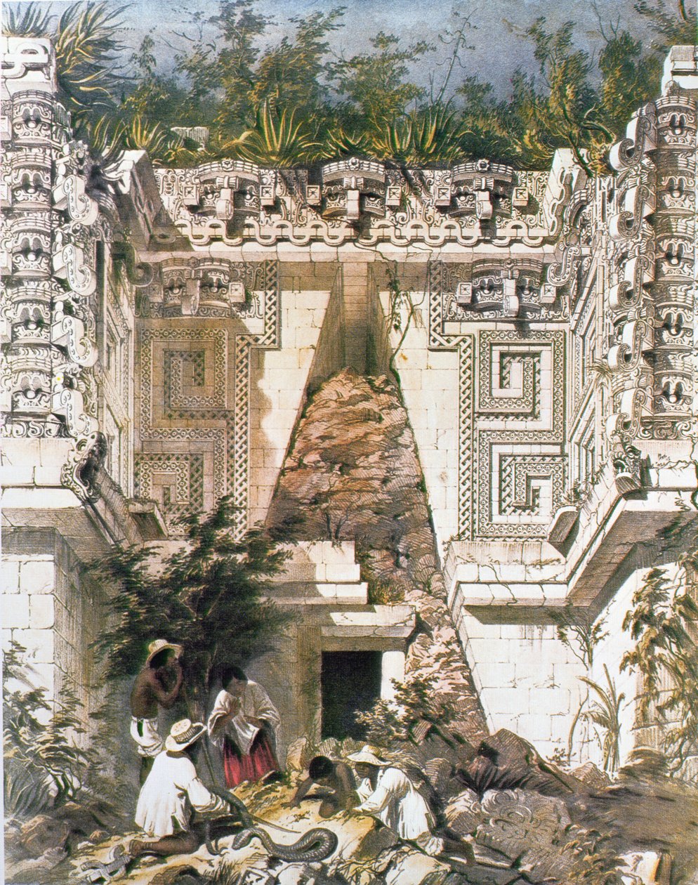 総督官邸、ウシュマル、ユカタン、メキシコ、1844年（着色されたリソ） 作： フレデリック・キャザーウッド