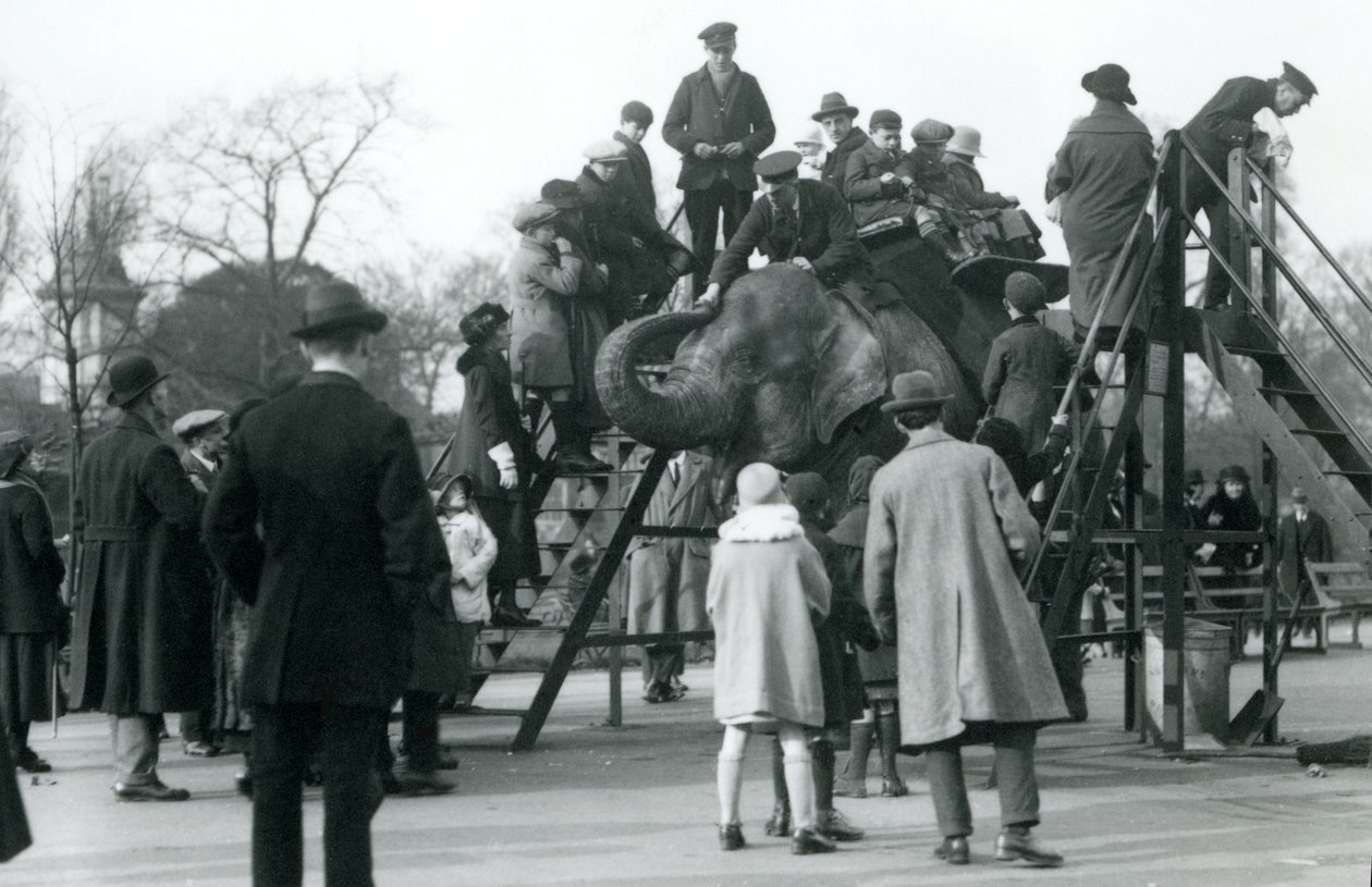 1923年4月、キーパーのアーサー教会が監督する象に乗る訪問者を見ている群衆（bw写真） 作： フレデリックウィリアムボンド