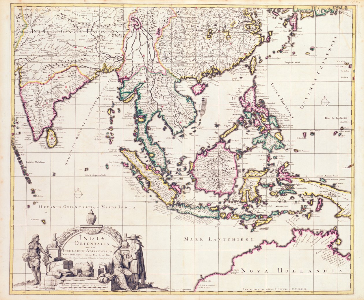インドと東インドの地図（手塗りの彫刻） 作： フレデリック・デ・ウィット