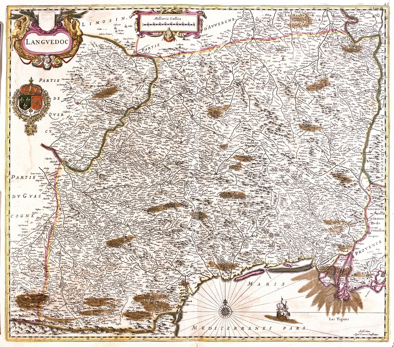 ラングドック(フランス)の地図(銅版画) 作： フレデリック・デ・ウィット