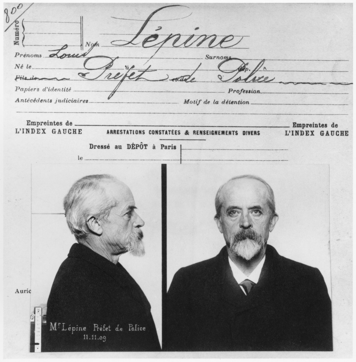 1909年11月11日、警察、ルイジャンバプティストレピーヌの警察による人体測定記録 作： フランスの写真家